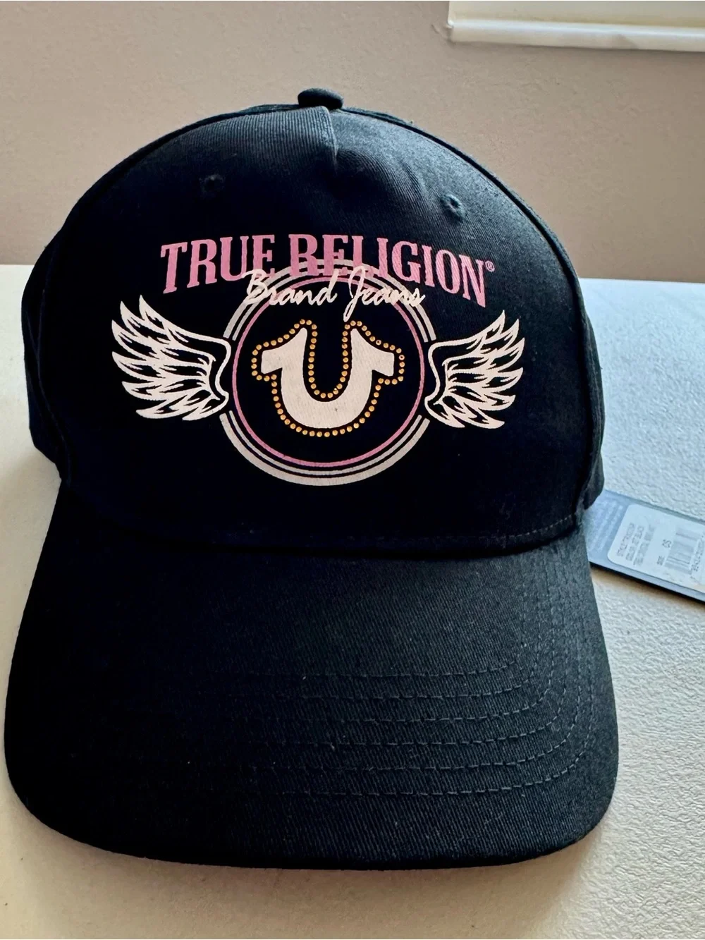 True Religion Jet Black Crystal Wing OSFM Adjustable Hat. NWT